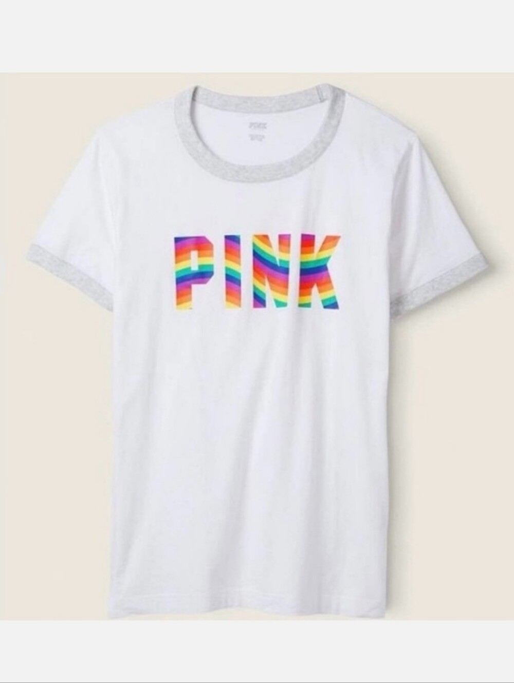 PINK Victoria's Secret White Tee with Rainbow Block Pride L
